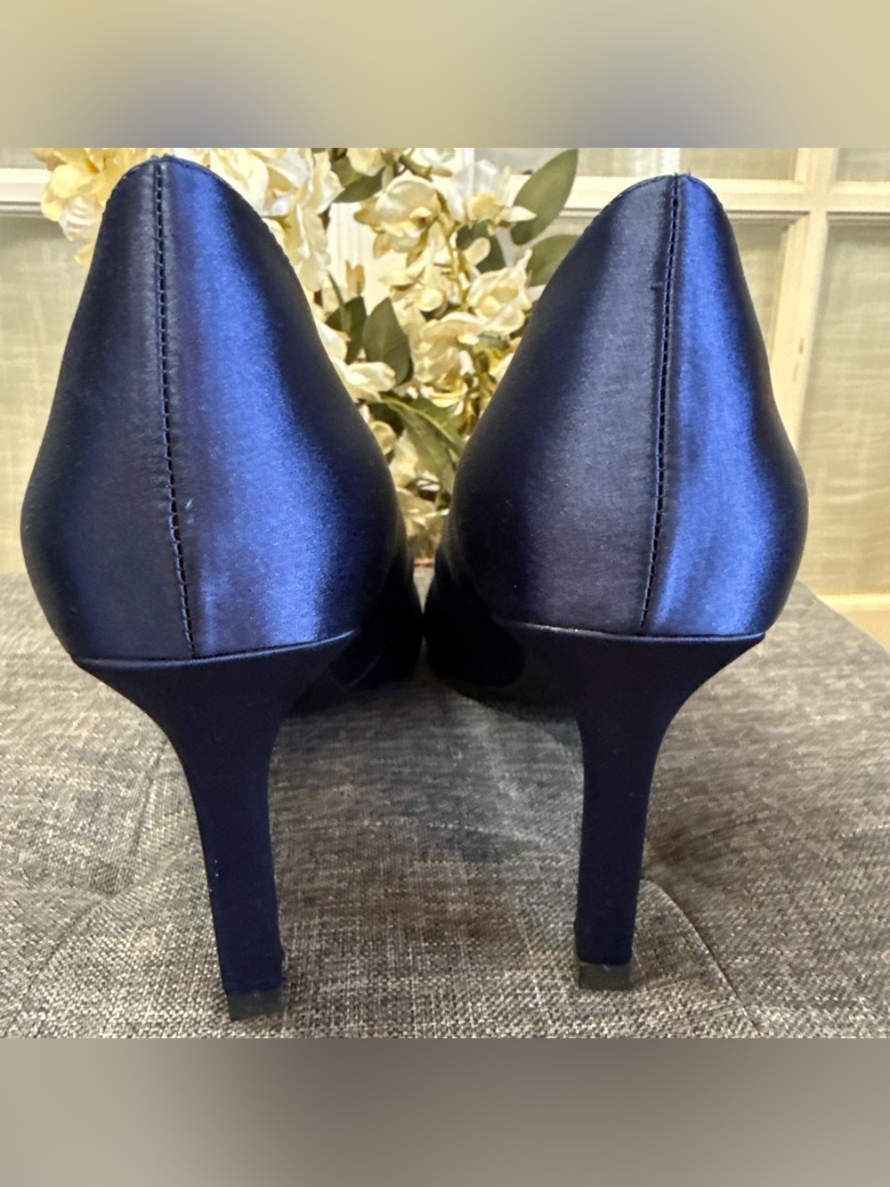 Anne Klein Navy Satin Pointed Toe Heels with Jeweled Round Buckles - Picture 3 of 6